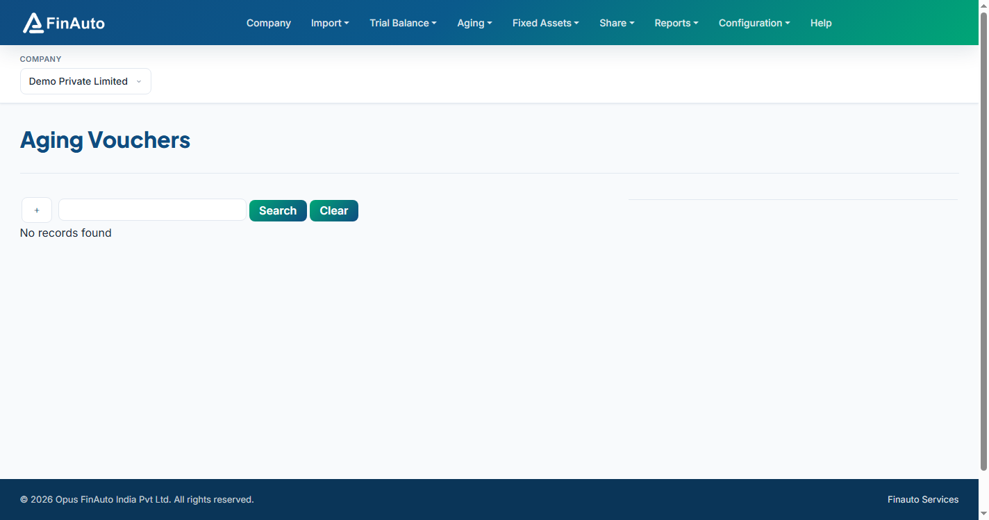 Aging Vouchers grid with company bar and voucher import options