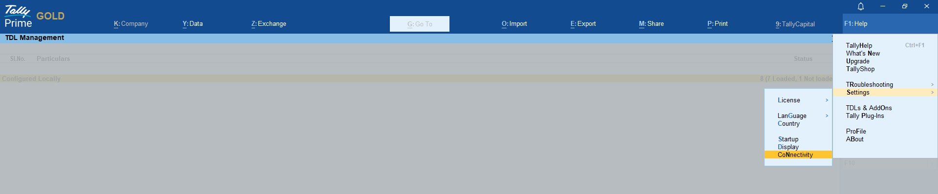 Tally ODBC configuration in Tally Help settings