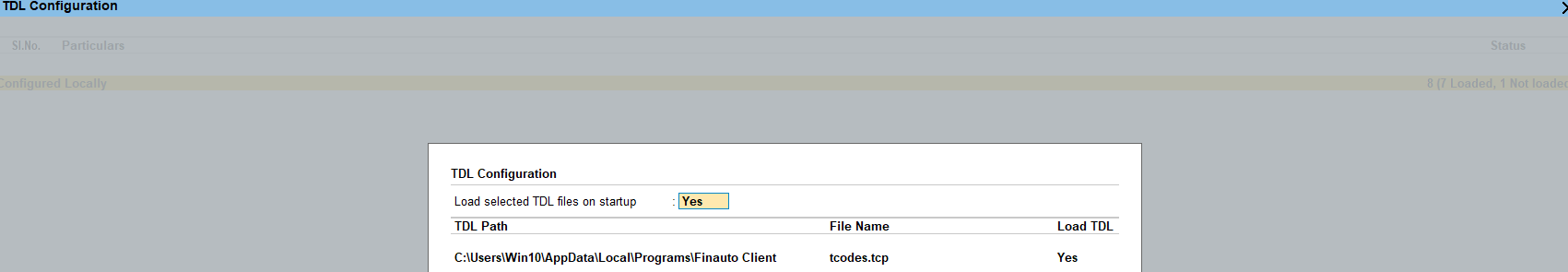 Tally TDL configuration confirming tcodes.tcp plugin