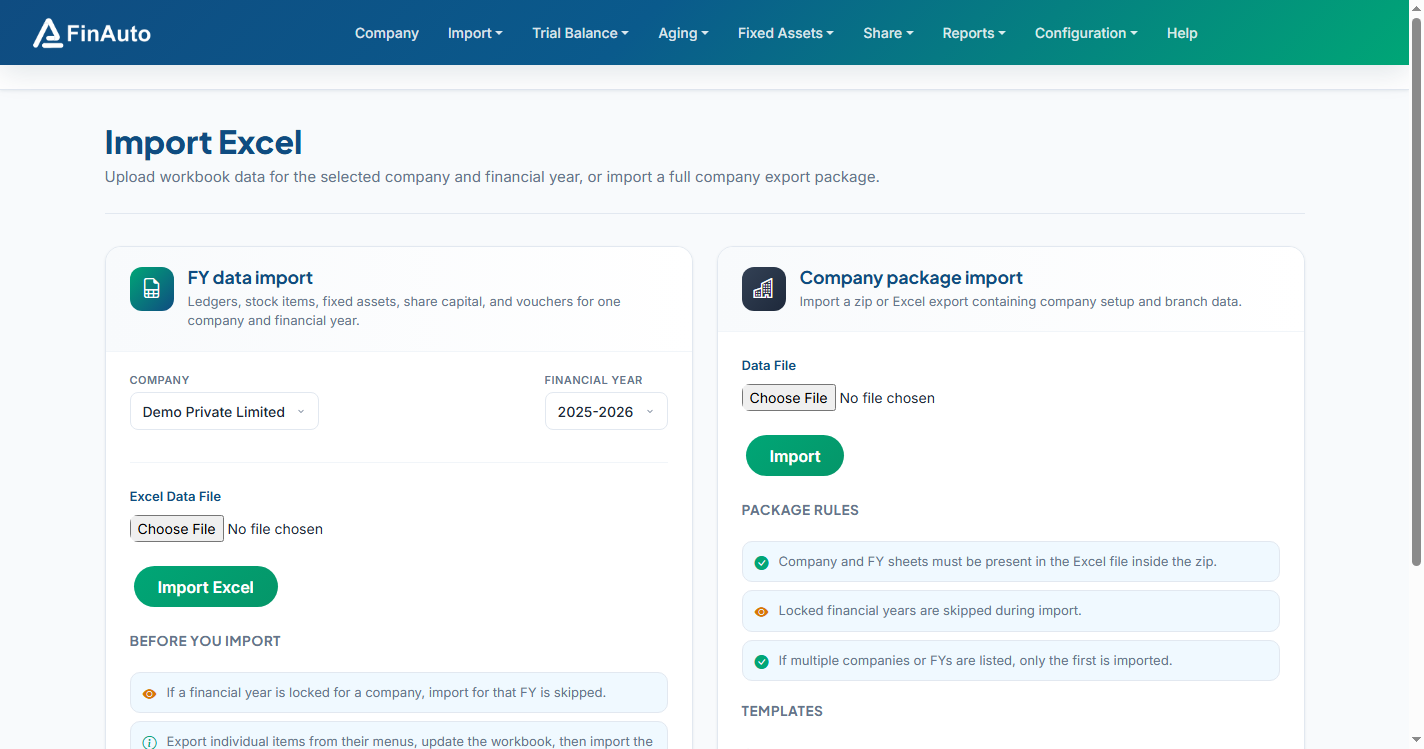 Import Data screen with module template upload
