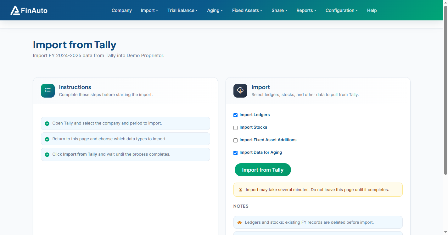 Import from Tally page with Instructions and Import cards, company bar showing FinAuto Demo
